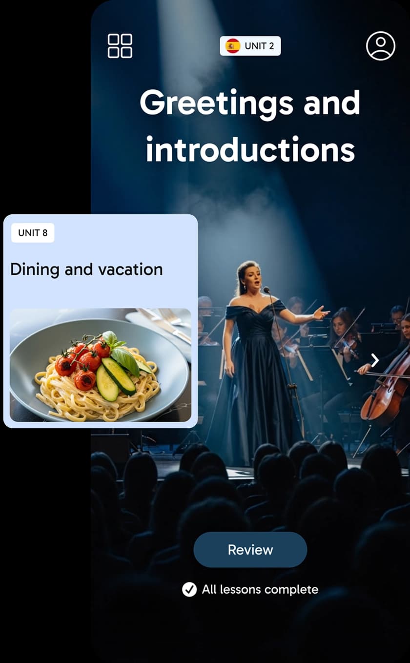 Screenshot dell'app Rosetta Stone Sapphire che mostra una scheda della lezione intitolata 'Saluti e presentazioni' per l'Unità 2 di spagnolo, con l'immagine di una donna in abito da sera blu su sfondo scuro, e una scheda della lezione intitolata 'Ristoranti e vacanze' per l'Unità 8, con l'immagine di un piatto di pasta con verdure.