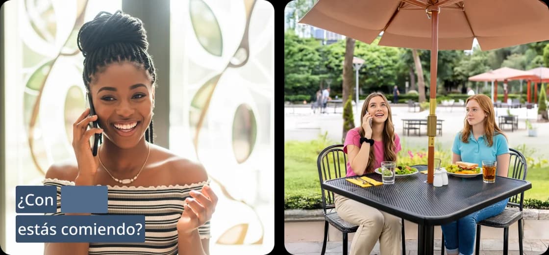 Schermate dell’app Rosetta Stone con brevi attività dedicate a conversazione, lettura, ascolto e scrittura. Sullo schermo è visibile la frase in spagnolo "¿Con estás comiendo?".