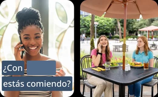 Schermate dell’app Rosetta Stone con brevi attività dedicate a conversazione, lettura, ascolto e scrittura. Sullo schermo è visibile la frase in spagnolo "¿Con estás comiendo?".