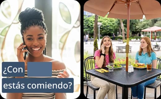 Schermate dell’app Rosetta Stone con brevi attività dedicate a conversazione, lettura, ascolto e scrittura. Sullo schermo è visibile la frase in spagnolo "¿Con estás comiendo?".