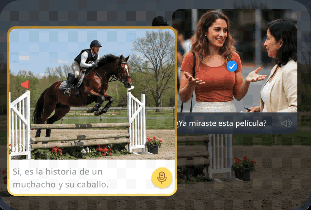 Esercizio di conversazione che mostra, affiancate, l’immagine di un cavallo che salta una recinzione e quella di due donne che parlano. Sono presenti fumetti di dialogo in spagnolo che simulano una conversazione bidirezionale con un madrelingua.