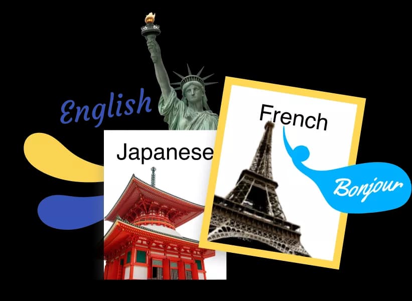 Riquadri di selezione della lingua di Rosetta Stone per inglese, giapponese e francese.
