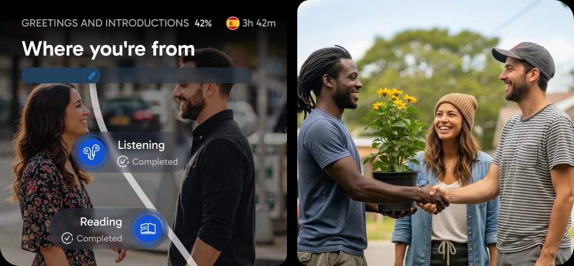 Interfaccia dell’app Rosetta Stone che mostra una lezione intitolata "Where you're from", con indicatori di avanzamento per le attività di ascolto e lettura, accanto alla foto di alcune persone che conversano all’aperto.