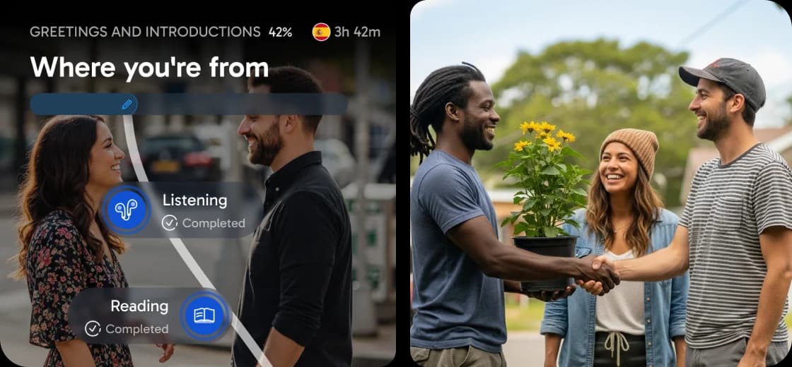 Interfaccia dell’app Rosetta Stone che mostra una lezione intitolata "Where you're from", con indicatori di avanzamento per le attività di ascolto e lettura, accanto alla foto di alcune persone che conversano all’aperto.