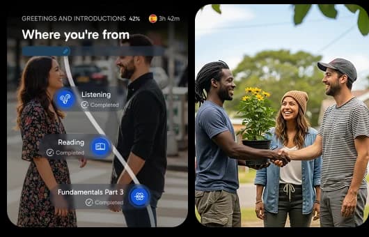 Interfaccia dell’app Rosetta Stone che mostra una lezione intitolata "Where you're from", con indicatori di avanzamento per le attività di ascolto e lettura, accanto alla foto di alcune persone che conversano all’aperto.