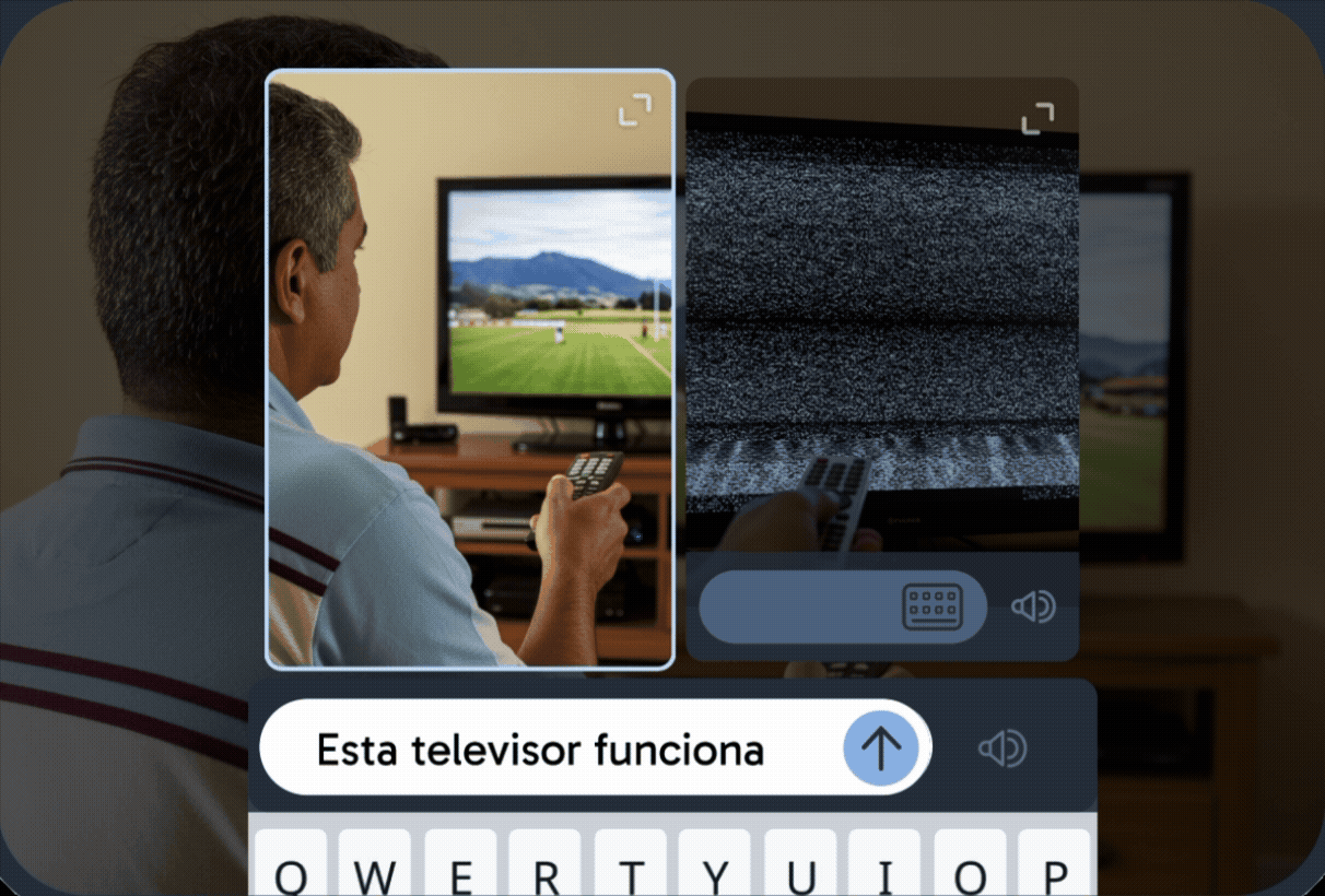 Esercizio di lettura e scrittura che mostra una persona mentre guarda la televisione. Sotto l’immagine sono visibili un campo di testo e una tastiera virtuale per digitare una parola o una frase nella lingua studiata.