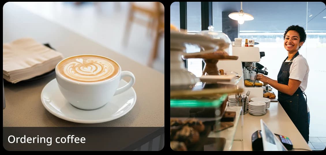 Due immagini affiancate: una tazza di caffè con latte art e un barista dietro il bancone, che rappresentano uno scenario di conversazione dedicato all’ordinazione di un caffè su Rosetta Stone.