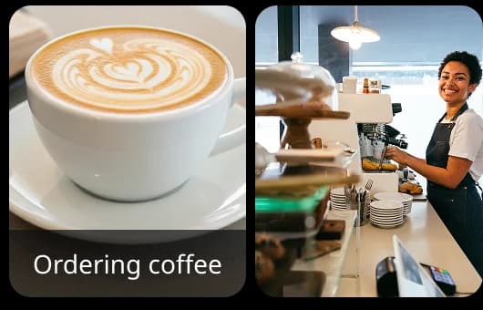 Due immagini affiancate: una tazza di caffè con latte art e un barista dietro il bancone, che rappresentano uno scenario di conversazione dedicato all’ordinazione di un caffè su Rosetta Stone.
