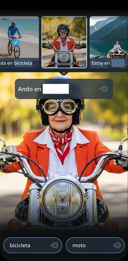 App di Rosetta Stone che mostra un esercizio di abbinamento tra immagini con le foto di un uomo in bicicletta, una donna in motocicletta e un'altra donna a bordo di un'imbarcazione. Sotto le immagini sono visualizzate parole del vocabolario in spagnolo.