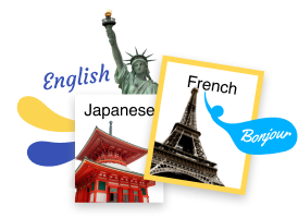 Riquadri di selezione della lingua di Rosetta Stone per inglese, giapponese e francese