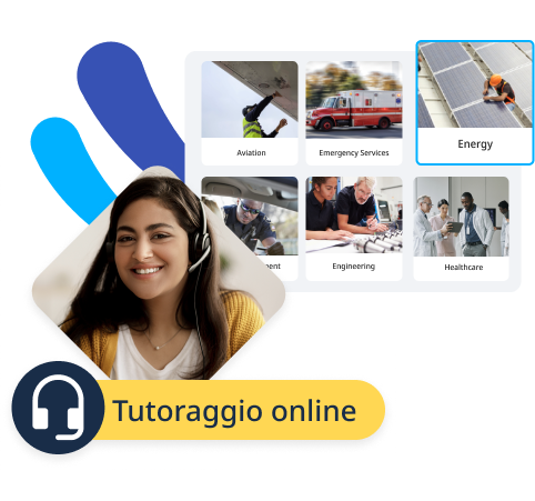 Collage del corso specifico del settore in Rosetta Stone for Enterprise e tutor femminile