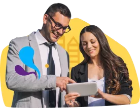 Un uomo e una donna in abiti da lavoro sotto il testo che recita Impresa per le imprese